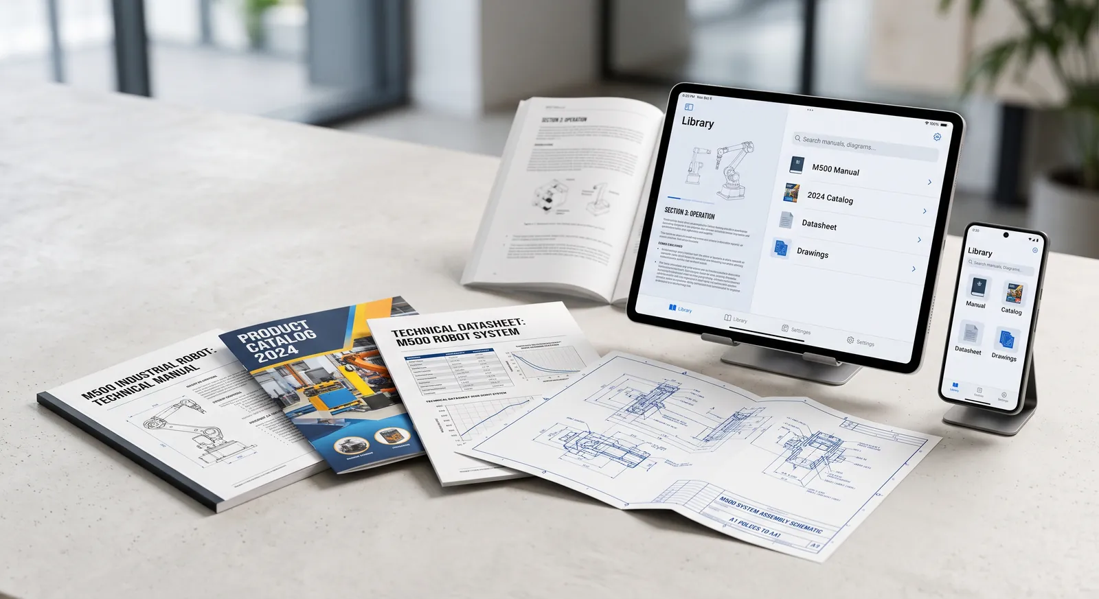 Paper manuals, catalogs and technical drawings next to the same documentation in an app on a tablet and smartphone