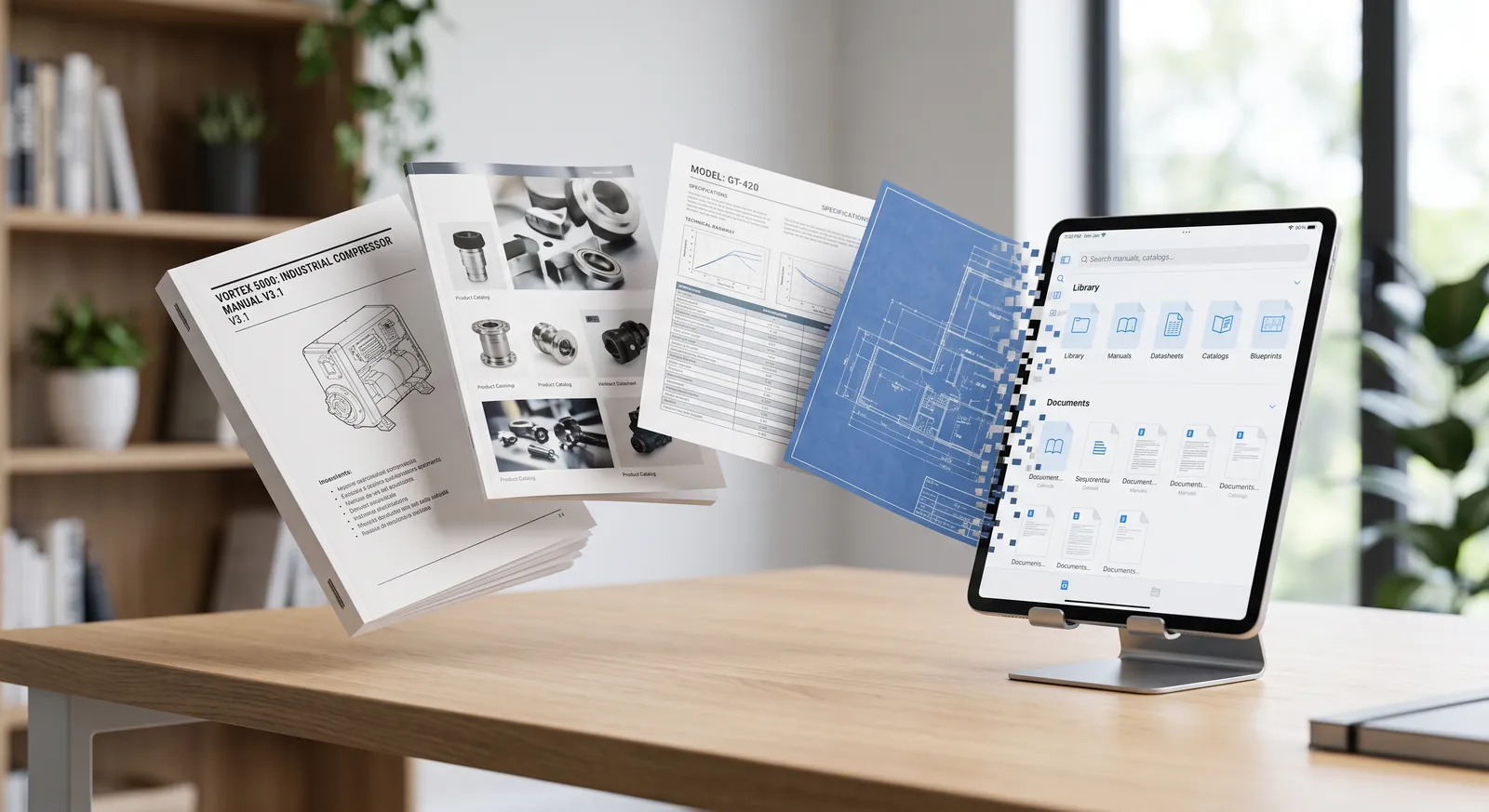 Paper manuals, catalogs and technical datasheets turning into a document app on a tablet