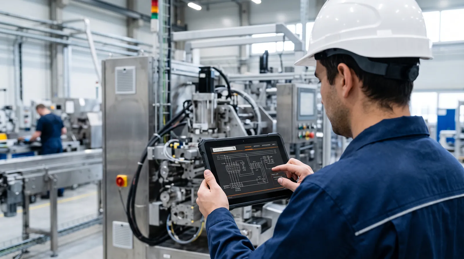 Un technicien casqué de blanc consulte le schéma électrique d'une machine sur une tablette, devant la ligne de production