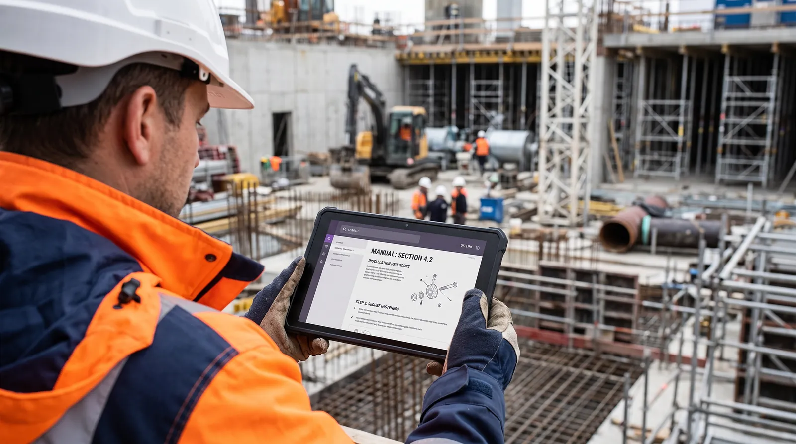 A worker in a white helmet consults a technical manual on a tablet on the construction site, with the document available offline