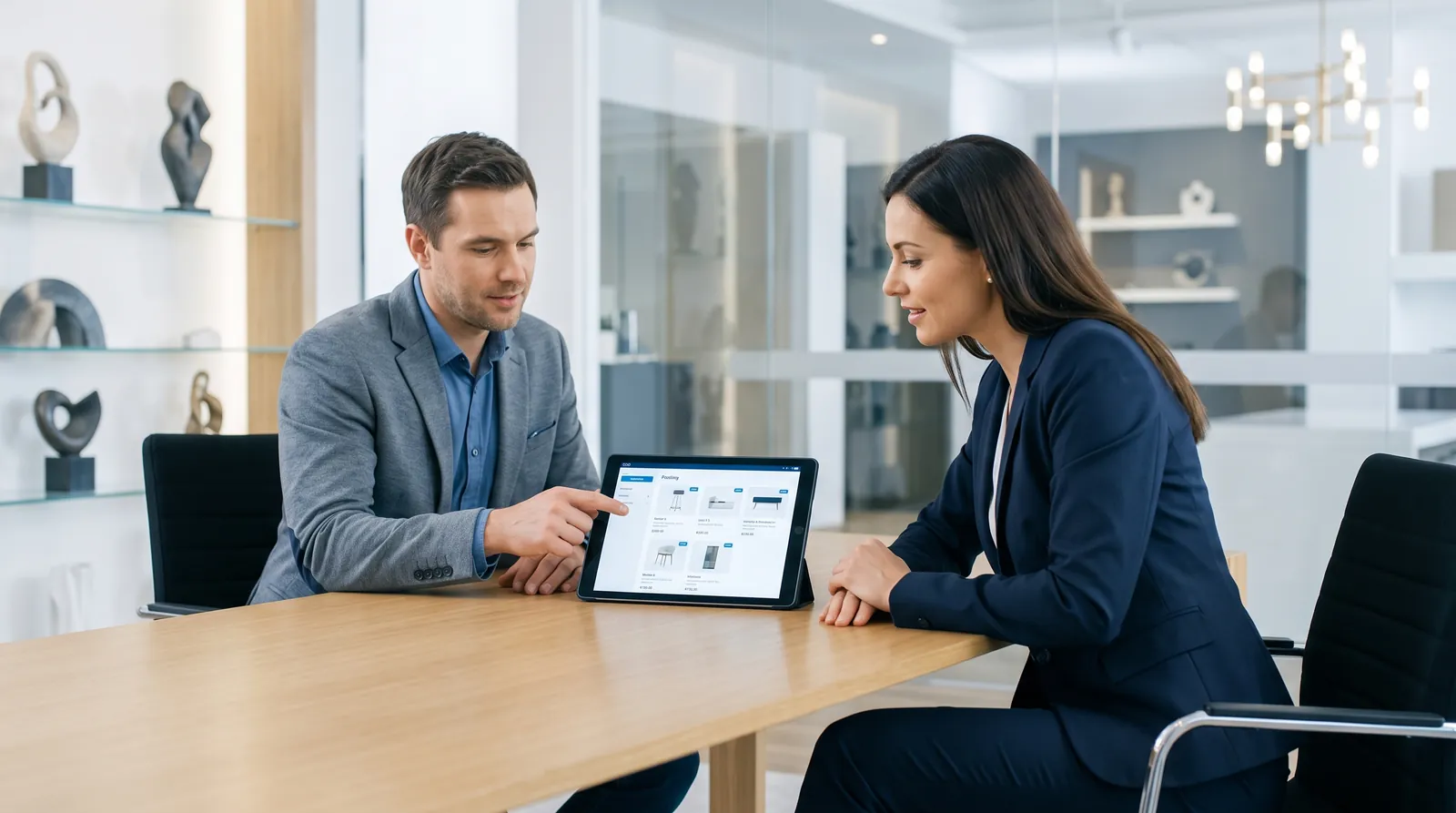 An agent presents the product catalog on a tablet to a customer, in a professional meeting room