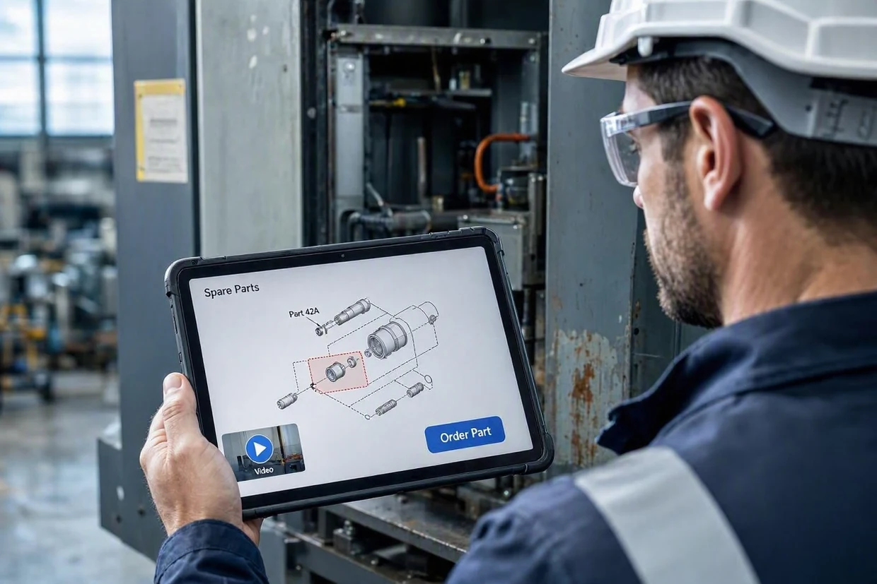 Un tecnico dell'assistenza, alla macchina, ordina il ricambio giusto dallo schema esploso sul tablet, con MobileReplica