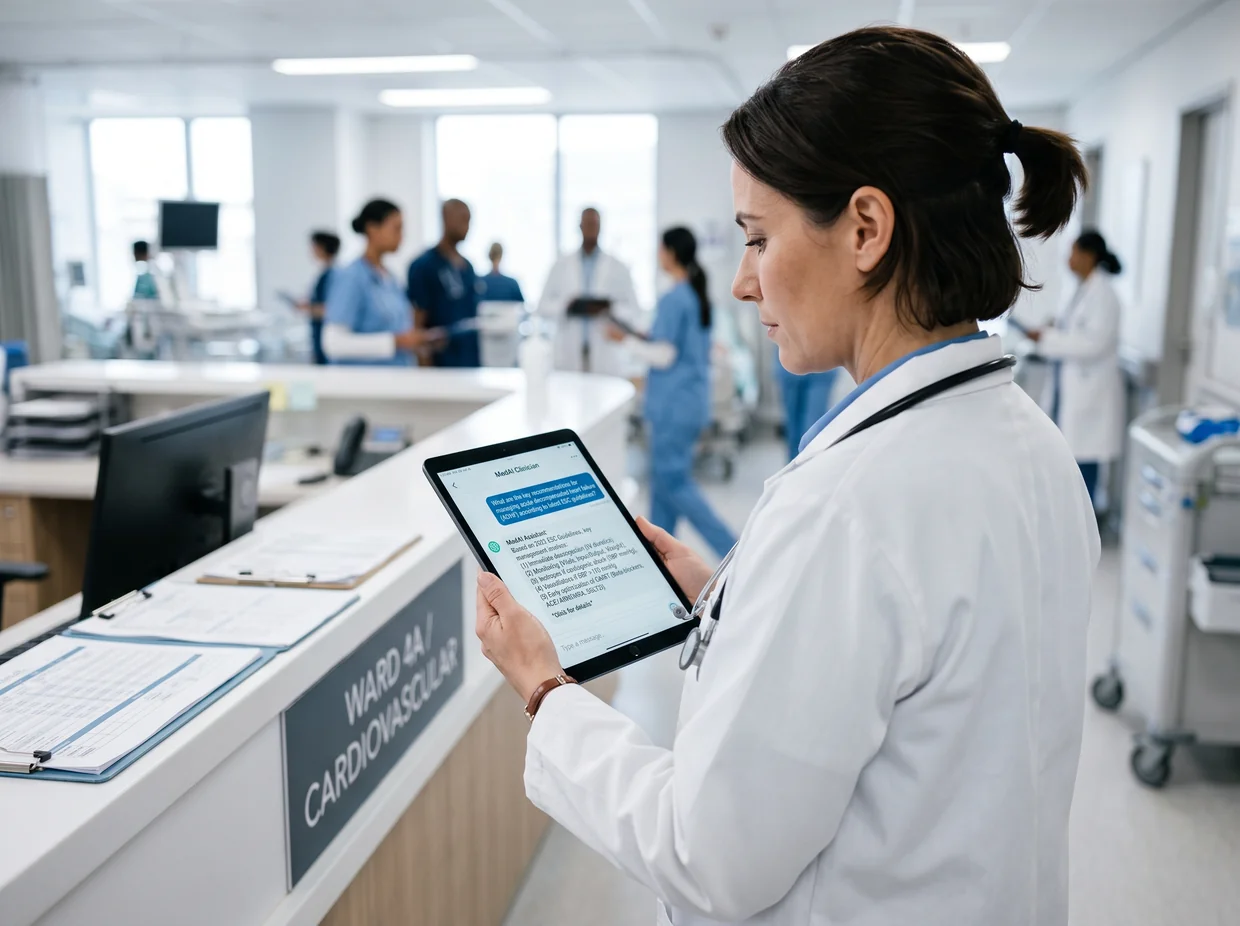 Un medico in reparto consulta l'assistente IA DocuSpeek sul tablet, che risponde citando il protocollo clinico
