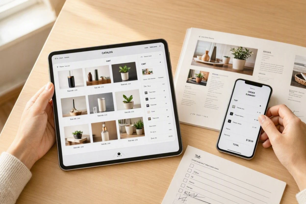 Un catalogo prodotti sfogliato sull'app gSales su tablet, con il riepilogo dell'ordine sullo smartphone accanto