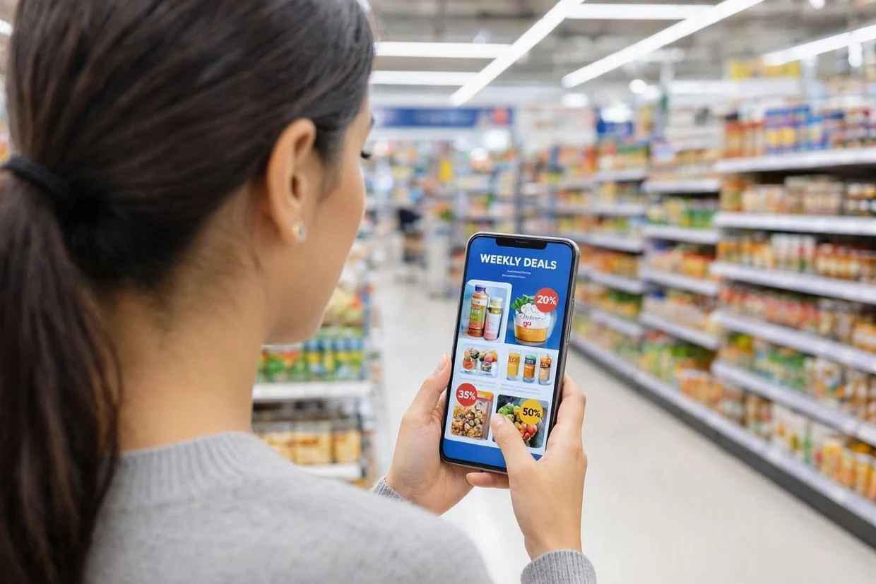 Una cliente al supermercato consulta il volantino digitale con le offerte sullo smartphone, con MobileReplica